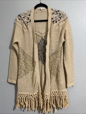Miss Me Cream Open-Front Crochet Fringe Cardigan